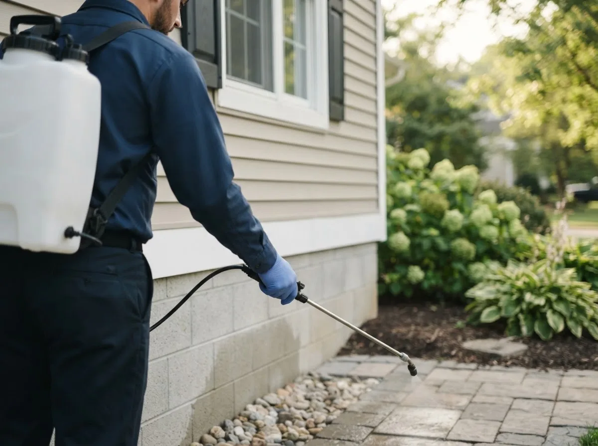 Pest control technician inspecting a home in Ogunquit, ME